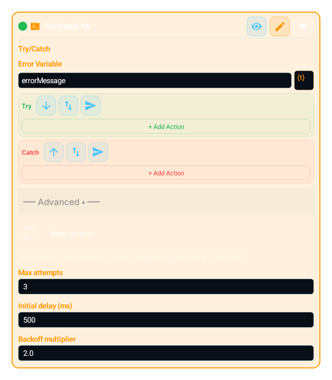 Try/Catch (TRY_CATCH) advanced settings panel